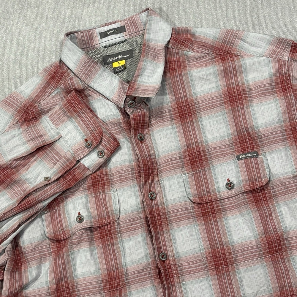 Eddie Bauer Travex Button Up Shirt Mens XLT Red Plaid Long Sleeve Hiking Outdoor